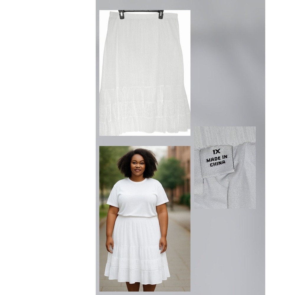 D & Co Tiered Ruffle Skirt White Midi Size 1x Elastic Waist Gauzy Summer Cotton